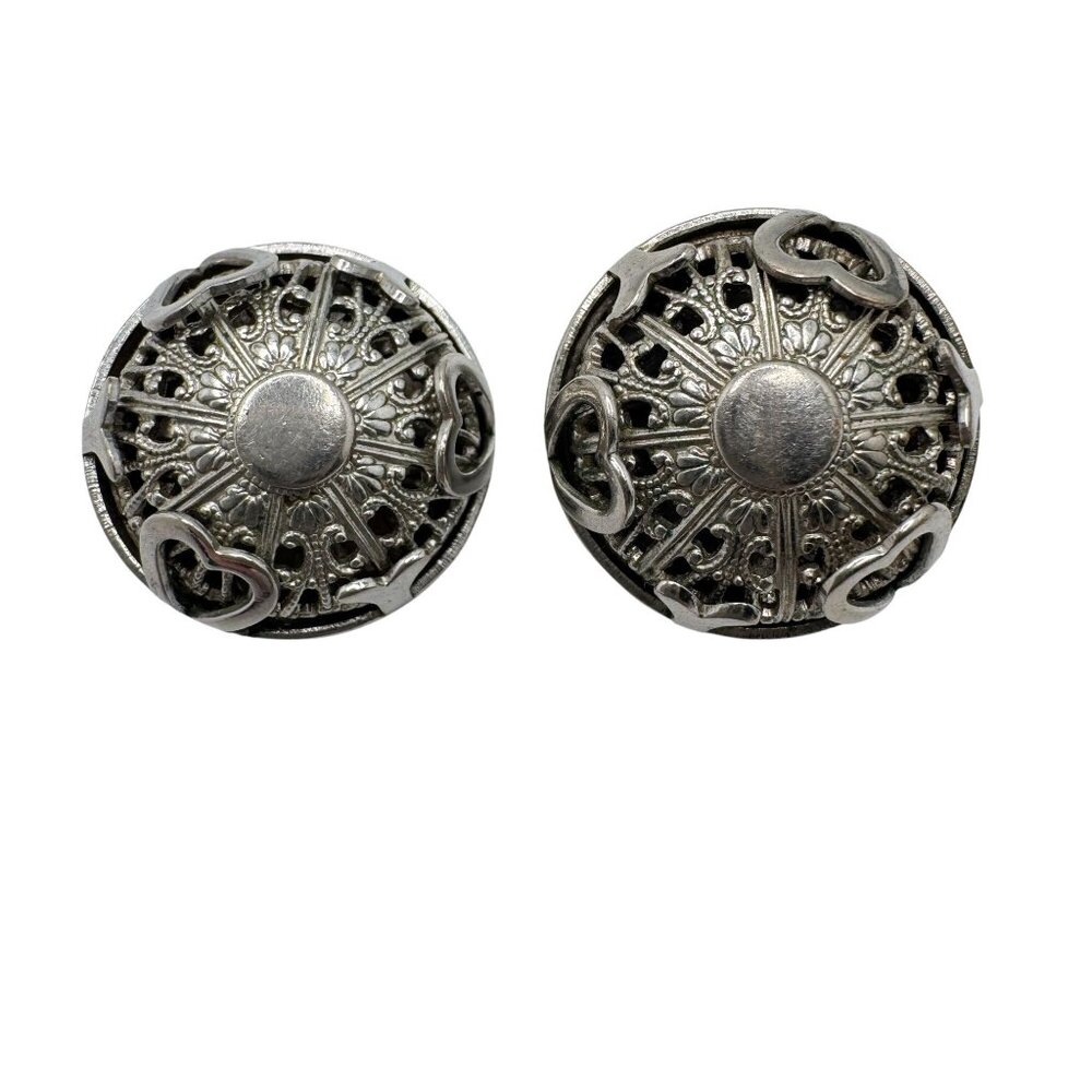 Silver Tone Vintage Filigree Dome Clip-On Earrings Open Work Modernist Style